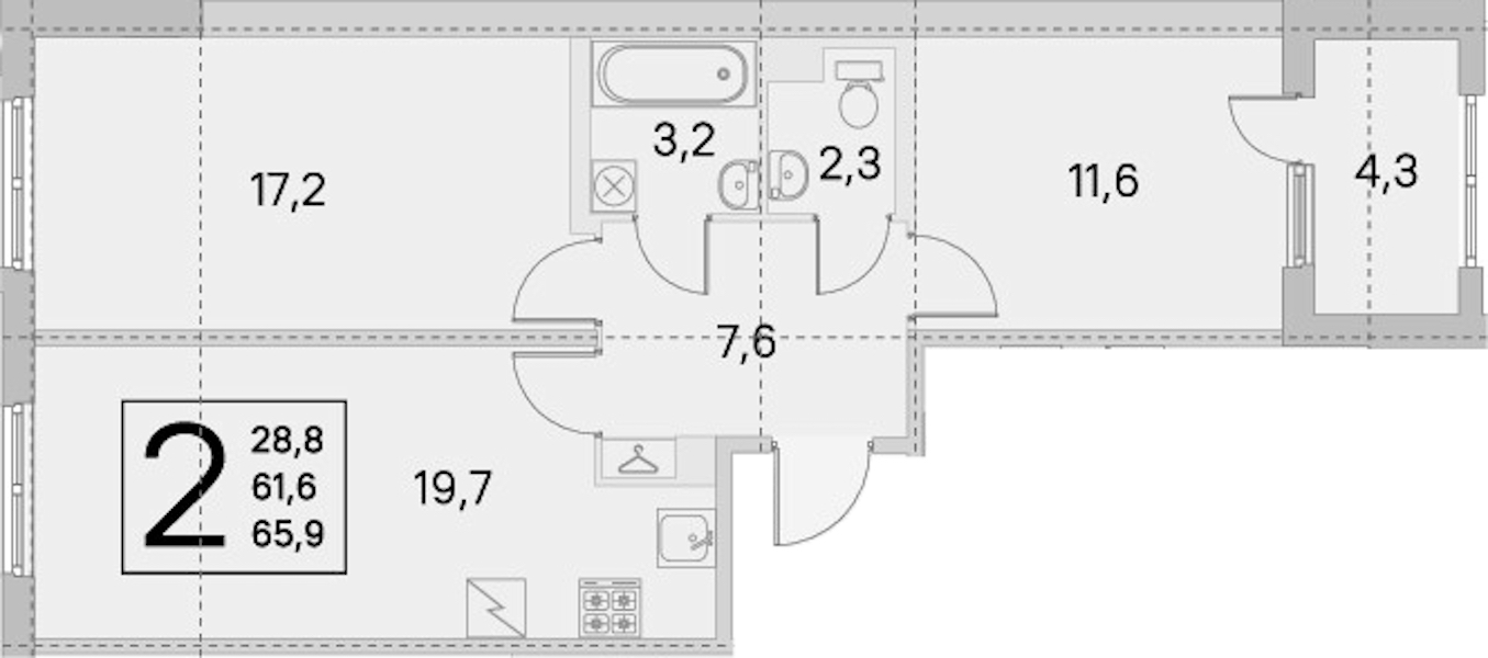 2-комнатная квартира 61.6 м², 1/5 эт., ЖК «ЮгТаун. Олимпийские кварталы»